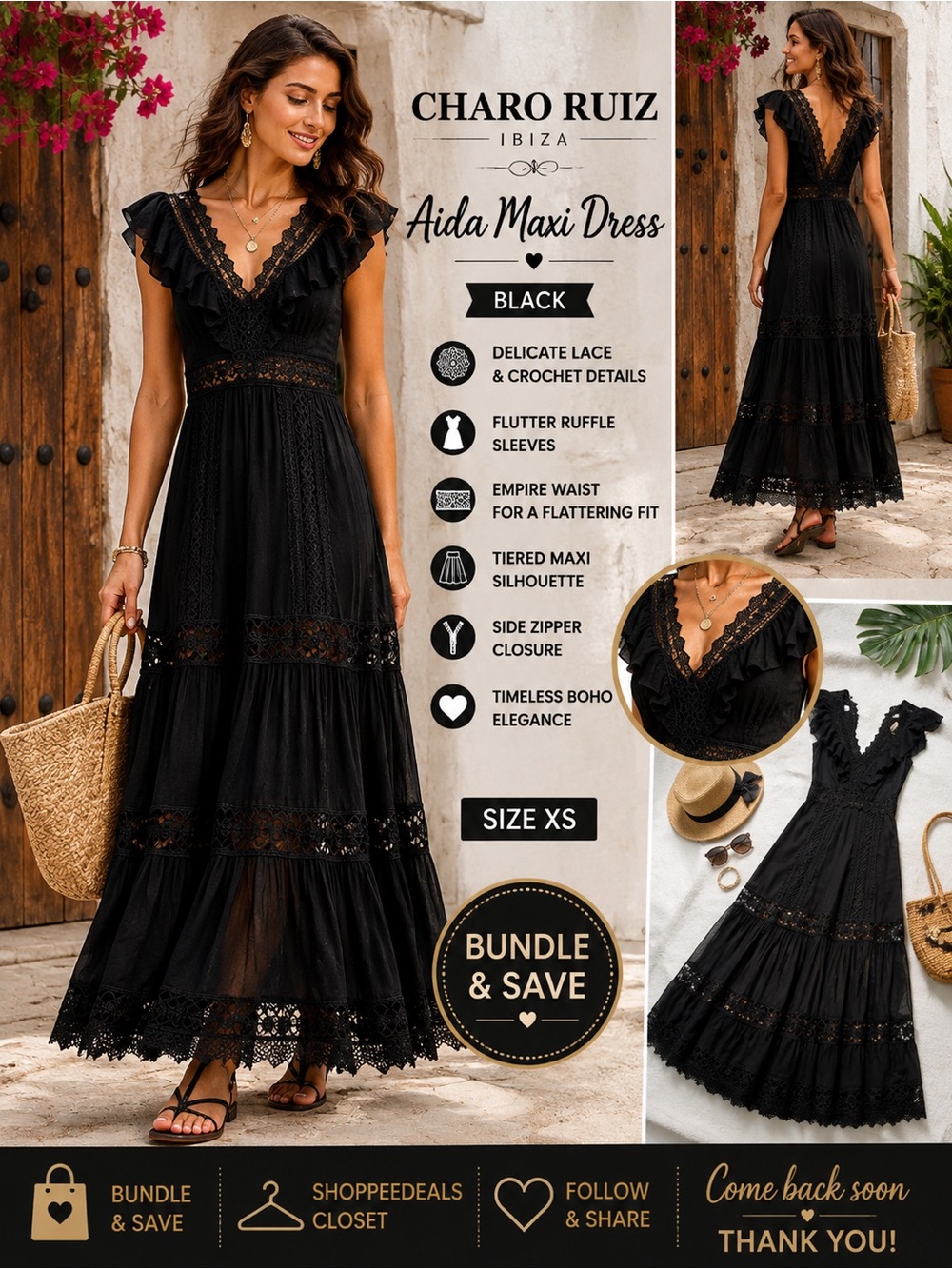 CHARO RUIZ Ibiza Aida Maxi Dress – Black Lace & Ruffle Boho Maxi Dress – XS